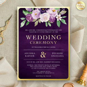 Invitación Con Relieve Metalizado Foto Floral Púrpura Boda India Dorado