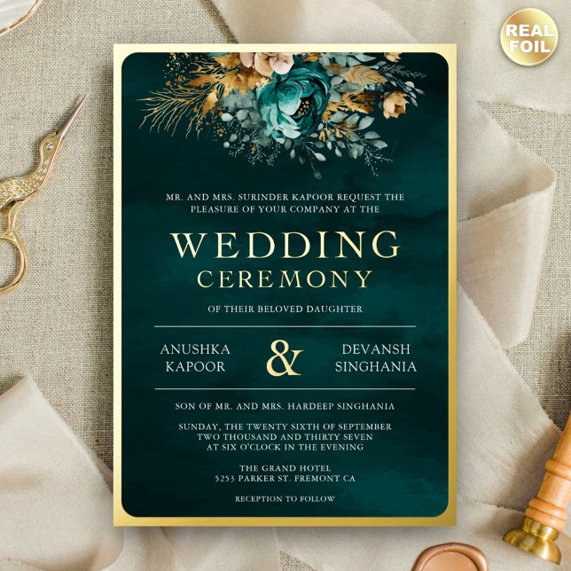 Invitación Con Relieve Metalizado Foto floral verde azulada Boda indio Gold (Subido por el creador)