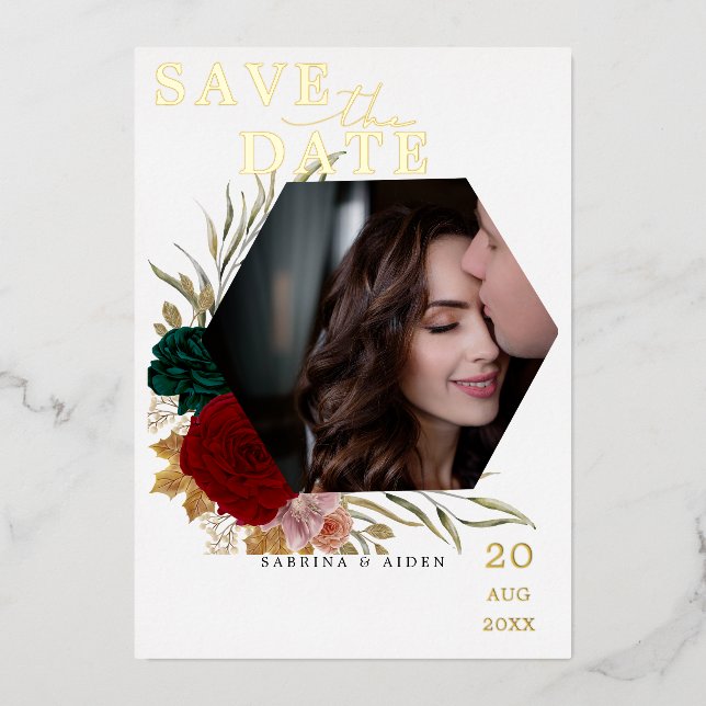 Invitación Con Relieve Metalizado Foto floral verde esmeralda burgundy otoñal (Anverso)