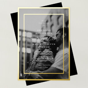 Invitación Con Relieve Metalizado Foto Formal de Boda con Marco de Oro Save The Date