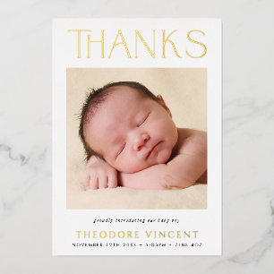 Invitación Con Relieve Metalizado FOTO GRACIAS moderna fuente serif bebé nuevo