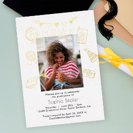 Invitación Con Relieve Metalizado Foto Graduado Oro Doodles Dibujados a Mano Blancos