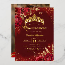 Invitación Con Relieve Metalizado Foto Mariposa Roja Dorada Floral Quinceañera