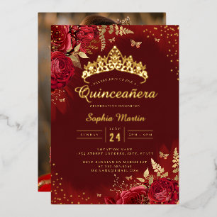 Invitación Con Relieve Metalizado Foto Mariposa Roja Dorada Floral Quinceañera