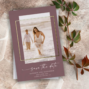 Invitación Con Relieve Metalizado Foto Mauve Moderno para Guardar la Fecha en Oro Re