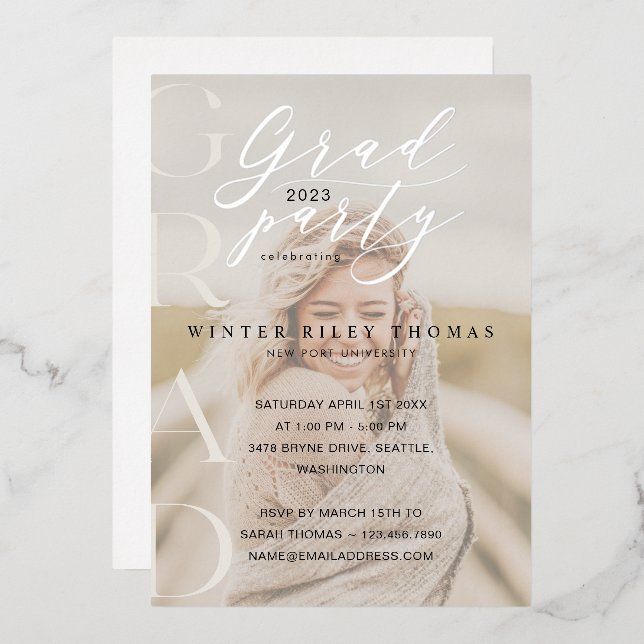 Invitación Con Relieve Metalizado Foto mínima crema Fiesta de caligrafía moderna (Anverso/Reverso)