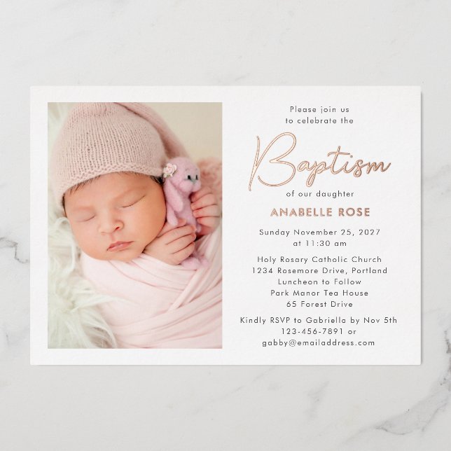 Invitación Con Relieve Metalizado Foto moderna bautismo Rosa oro (Anverso)