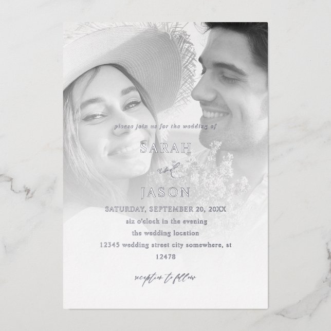 Invitación Con Relieve Metalizado Foto moderna Boda vertical negro y blanco 7 (Anverso)