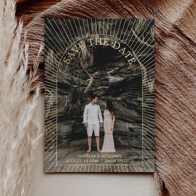 Invitación Con Relieve Metalizado Foto moderna boho arco guardar fecha oro (Subido por el creador)
