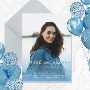 Invitación Con Relieve Metalizado Foto Moderna de Acuarela Azul Cumpleaños 16