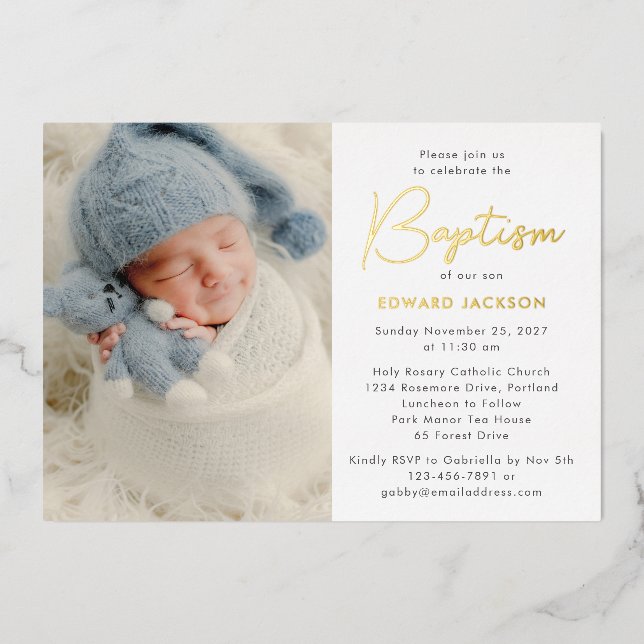 Invitación Con Relieve Metalizado Foto moderna de Baptism Gold (Anverso)