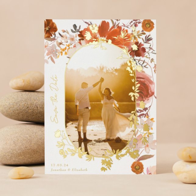 Invitación Con Relieve Metalizado Foto Moderna De Oval Floral Save The Date Gold (Subido por el creador)