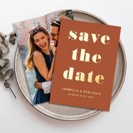 Invitación Con Relieve Metalizado Foto Moderna De Terracota Save The Date Gold