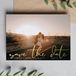 Invitación Con Relieve Metalizado Foto moderna en blanco Bodas en oro Ahorra la fech