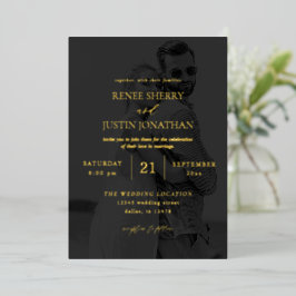 Invitación Con Relieve Metalizado Foto Moderna en Blanco y Negro 5 Vertical Boda Osc