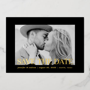 Invitación Con Relieve Metalizado Foto moderna en negro y dorado para Save the Date