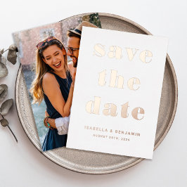 Invitación Con Relieve Metalizado Foto Moderna Salven La Fecha Rosa Oro