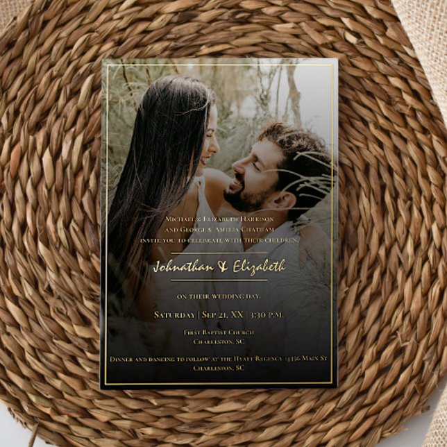 Invitación Con Relieve Metalizado Foto moderna y Boda negro superpuesto (Modern Photo and Black Overlay Wedding Foil Invitation)