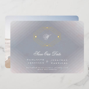Invitación Con Relieve Metalizado foto monograma gris deco dorado GUARDAR LA FECHA