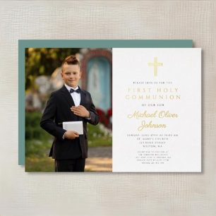 Invitación Con Relieve Metalizado Foto Niño Guión Verde Dorado Primera Comunión