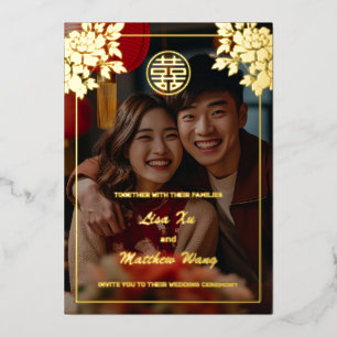Invitación Con Relieve Metalizado Foto Peonía Dorada Boda China