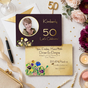 Invitación Con Relieve Metalizado Foto personalizada Plum Noir para 50 cumpleaños co