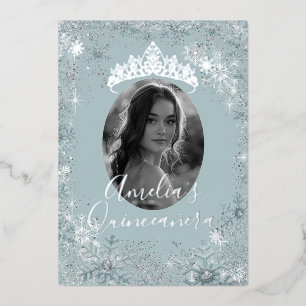 Invitación Con Relieve Metalizado Foto Quinceañera Copo de Nieve Azul Plateado 