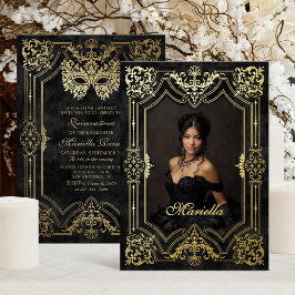 Invitación Con Relieve Metalizado Foto Quinceanera de Black Gold Masquerade