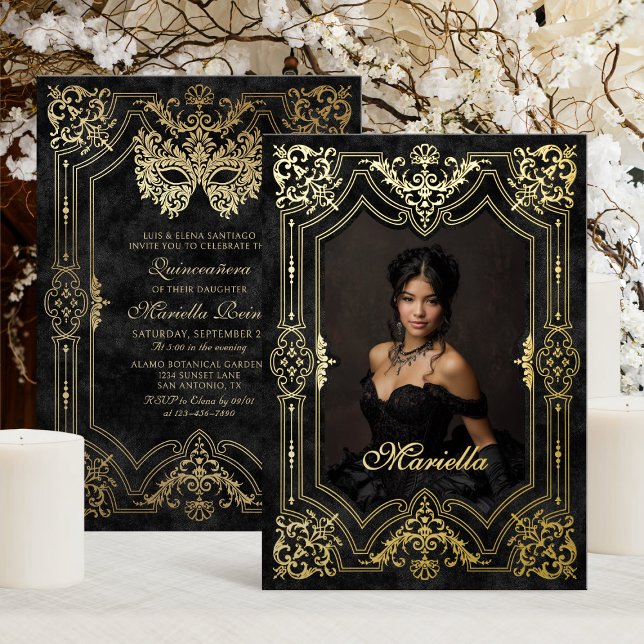 Invitación Con Relieve Metalizado Foto Quinceanera de Black Gold Masquerade (Subido por el creador)