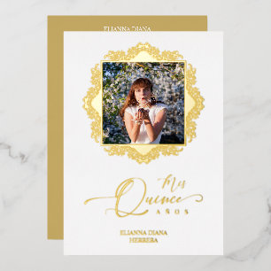 Invitación Con Relieve Metalizado Foto Quinceañera Español Efecto Encaje Dorado