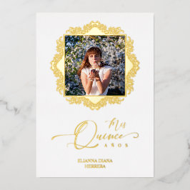 Invitación Con Relieve Metalizado Foto Quinceañera Español Efecto Encaje Dorado