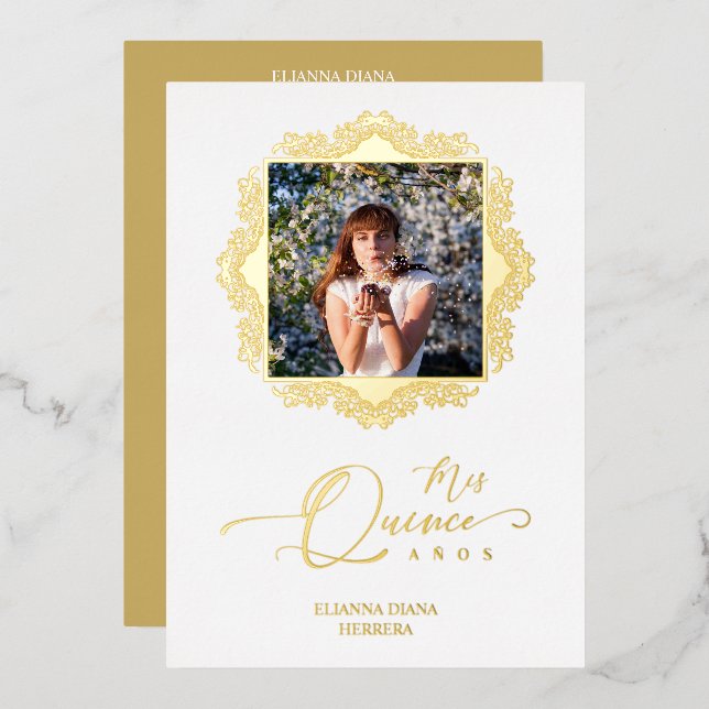 Invitación Con Relieve Metalizado Foto Quinceañera Español Efecto Encaje Dorado (Anverso/Reverso)