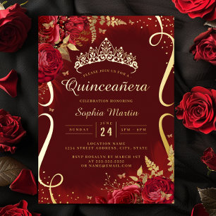 Invitación Con Relieve Metalizado Foto Quinceañera Floral de Oro Rojo