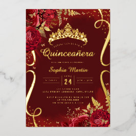 Invitación Con Relieve Metalizado Foto Quinceañera Floral de Oro Rojo