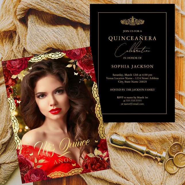 Invitación Con Relieve Metalizado Foto Quinceanera Red Rose Gold Lace Cumpleaños (Subido por el creador)