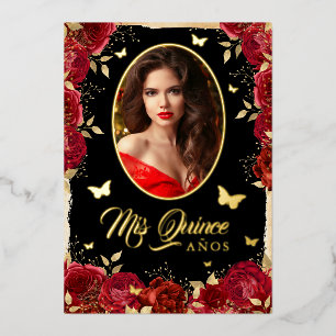 Invitación Con Relieve Metalizado Foto Quinceanera Rosa de oro rojo mariposa
