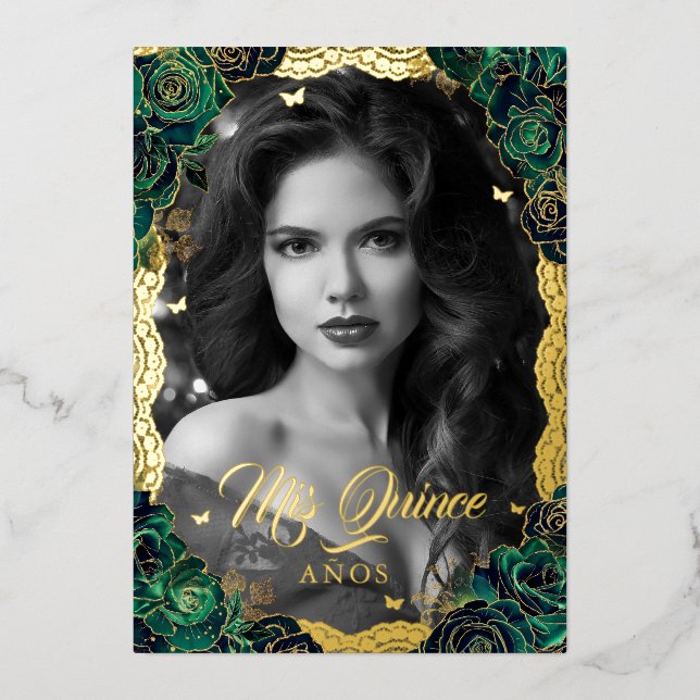 Invitación Con Relieve Metalizado Foto Quinceanera Rosa Esmeralda Lace de oro (Anverso)