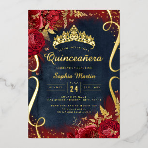 Invitación Con Relieve Metalizado Foto Quinceañera Scroll Floral Rojo Dorado Azul Ma