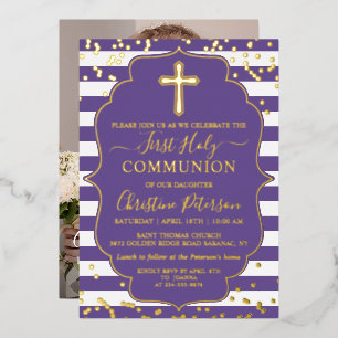 Invitación Con Relieve Metalizado Foto Real con Hojas de Oro Franja Púrpura Primera 