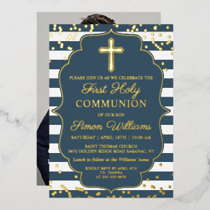 Invitación Con Relieve Metalizado Foto Real con Hojas de Oro y Rayas Azules Primera