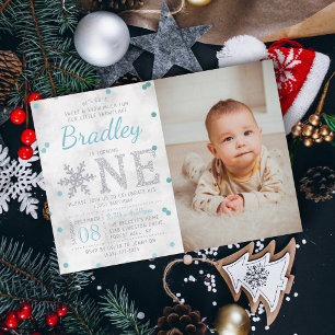 Invitación Con Relieve Metalizado Foto Real de Cumpleaños número 1 de Copo de Nieve