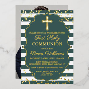 Invitación Con Relieve Metalizado Foto Real Hoja Dorada Rayas Verdes Primera Comunió
