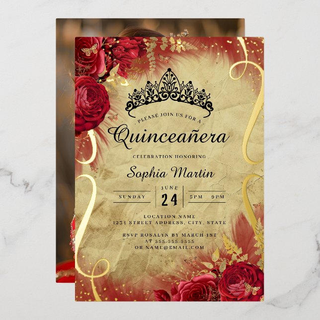 Invitación Con Relieve Metalizado Foto: Red Floral Scroll Quinceanera (Anverso/Reverso)