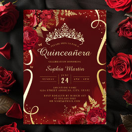 Invitación Con Relieve Metalizado Foto Red Gold Floral Scroll Quinceanera