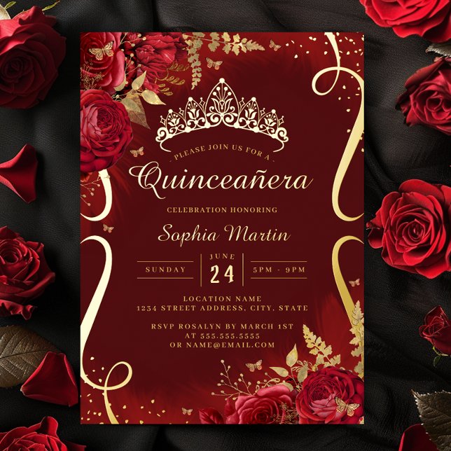 Invitación Con Relieve Metalizado Foto Red Gold Floral Scroll Quinceanera (Subido por el creador)