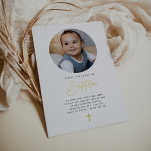 Invitación Con Relieve Metalizado Foto Redonda Minimalista Bautizo - Oro