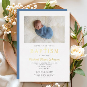 Invitación Con Relieve Metalizado Foto Religiosa Cross Blue Boy Baptism Gold