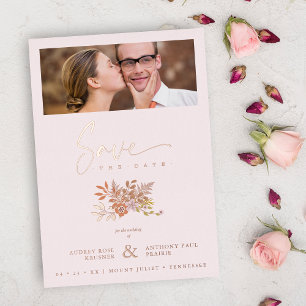 Invitación Con Relieve Metalizado Foto rosa floral de primavera boda