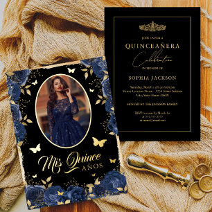 Invitación Con Relieve Metalizado Foto Rosa mariposa de la Marina Quinceanera