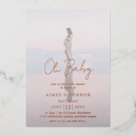 Invitación Con Relieve Metalizado Foto Rustic Script Oh Baby Shower Rosa Gold